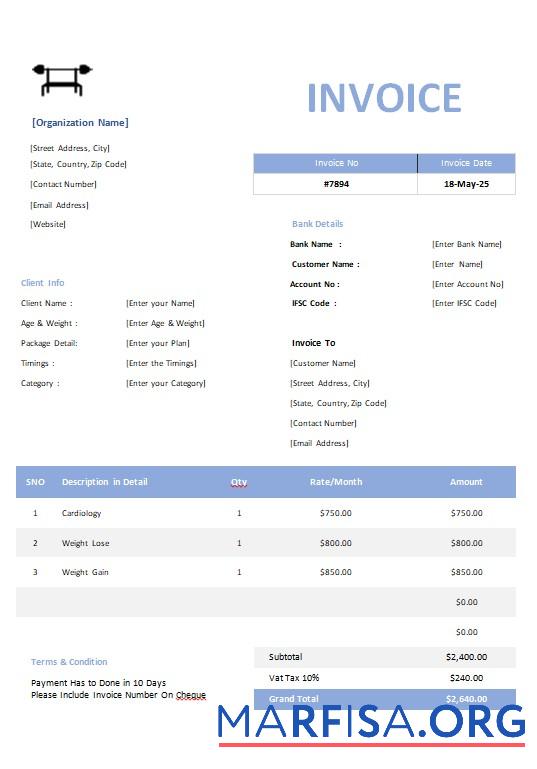 Downloadable Gym Invoice Template